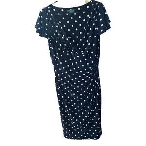 Lauren Ralph Lauren Dress Navy White Polka Dot Ruched Sz 12 Academia Workwear